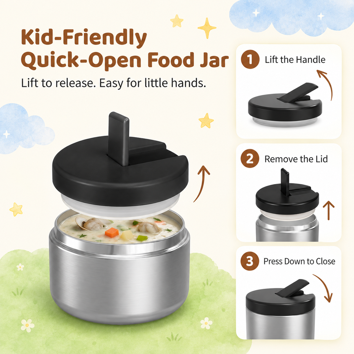 Kids 4-Compartment Bento Lunch Box Set with 8 oz Insulated Food Jar, Gray