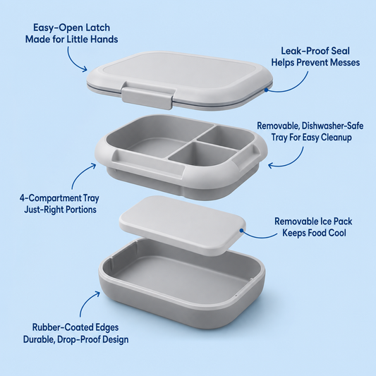 Kids 4-Compartment Lunch Box with Removable Ice Pack, 3.33-Cup Capacity, Gray