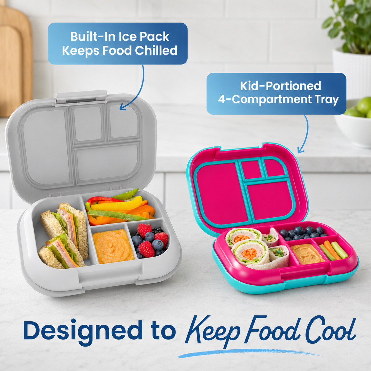 Kids 4-Compartment Lunch Box with Removable Ice Pack, 3.33-Cup Capacity, Gray