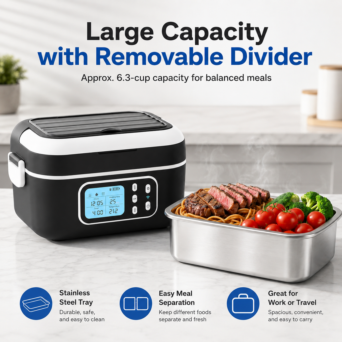 Cordless Electric Lunch Box with App Control, 27,000mAh Battery, 1.5L, Black