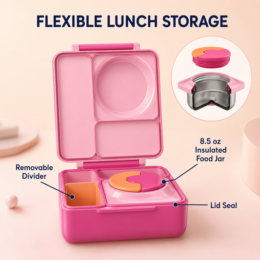 Kids Insulated Lunch Box with 8.5 oz Stainless Steel Food Jar, 4 Sections and Removable Divider, Pink