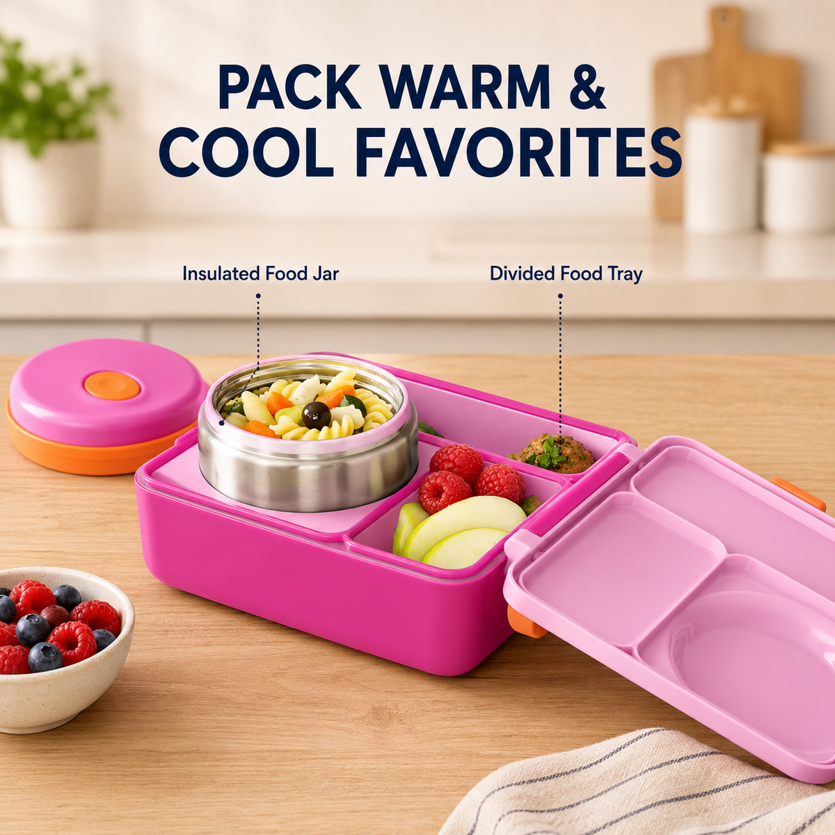 Kids Insulated Lunch Box with 8.5 oz Stainless Steel Food Jar, 4 Sections and Removable Divider, Pink