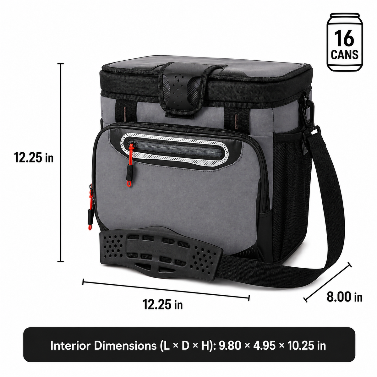 16-Can Insulated Cooler Bag with Rigid Liner and Adjustable Shoulder Strap, Gray