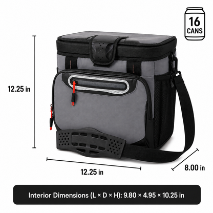 16-Can Insulated Cooler Bag with Rigid Liner and Adjustable Shoulder Strap, Gray