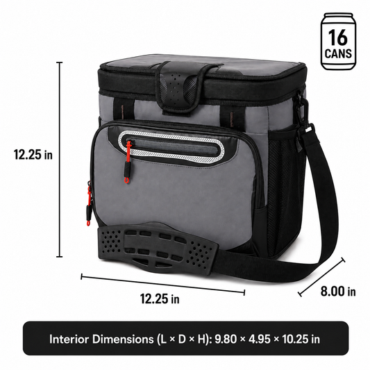 16-Can Insulated Cooler Bag with Rigid Liner and Adjustable Shoulder Strap, Gray