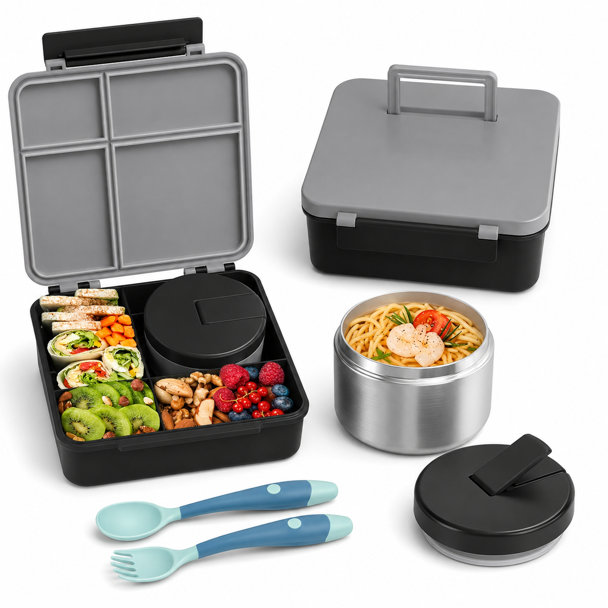 Kids 4-Compartment Bento Lunch Box Set with 8 oz Insulated Food Jar, Gray
