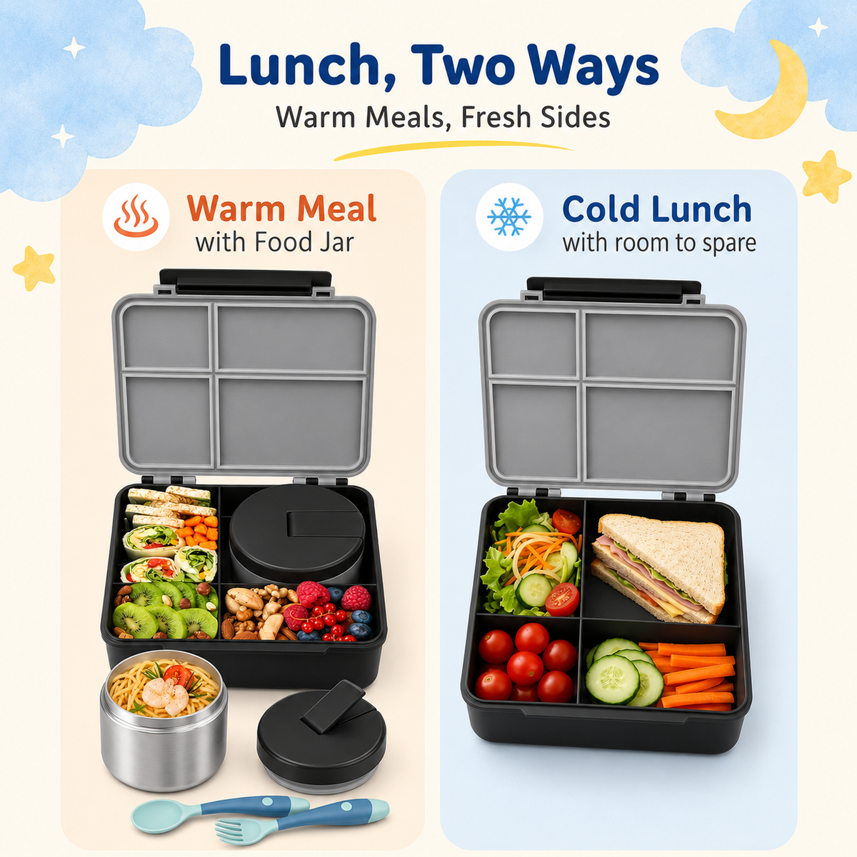Kids 4-Compartment Bento Lunch Box Set with 8 oz Insulated Food Jar, Gray