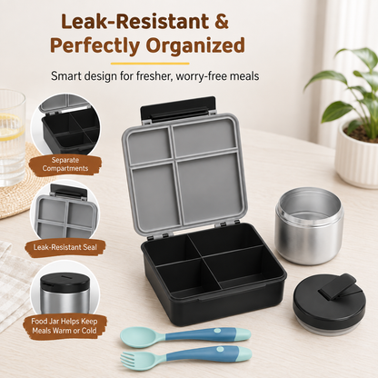 Kids 4-Compartment Bento Lunch Box Set with 8 oz Insulated Food Jar, Gray