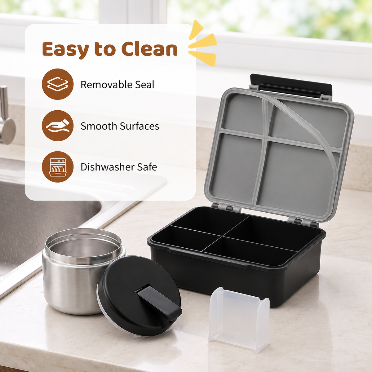 Kids 4-Compartment Bento Lunch Box Set with 8 oz Insulated Food Jar, Gray