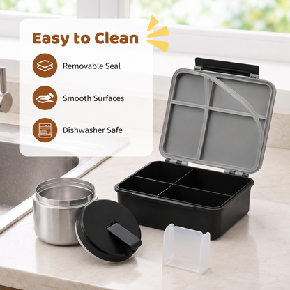Kids 4-Compartment Bento Lunch Box Set with 8 oz Insulated Food Jar, Gray