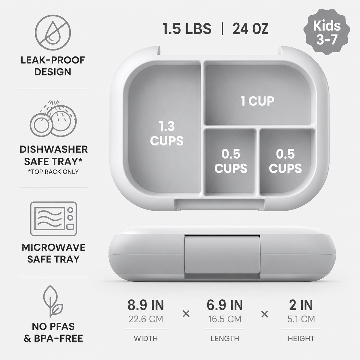 Kids 4-Compartment Lunch Box with Removable Ice Pack, 3.33-Cup Capacity, Gray
