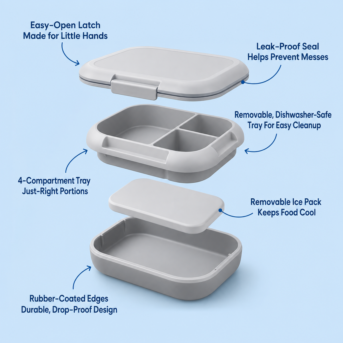 Kids 4-Compartment Lunch Box with Removable Ice Pack, 3.33-Cup Capacity, Gray