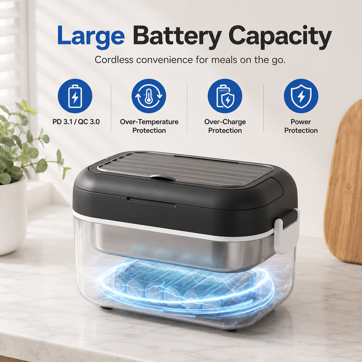Cordless Electric Lunch Box with App Control, 27,000mAh Battery, 1.5L, Black