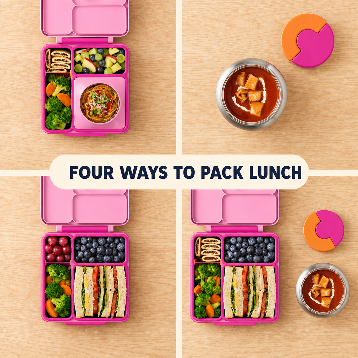 Kids Insulated Lunch Box with 8.5 oz Stainless Steel Food Jar, 4 Sections and Removable Divider, Pink