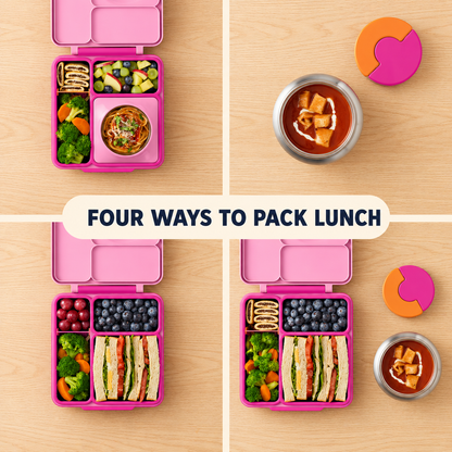 Kids Insulated Lunch Box with 8.5 oz Stainless Steel Food Jar, 4 Sections and Removable Divider, Pink