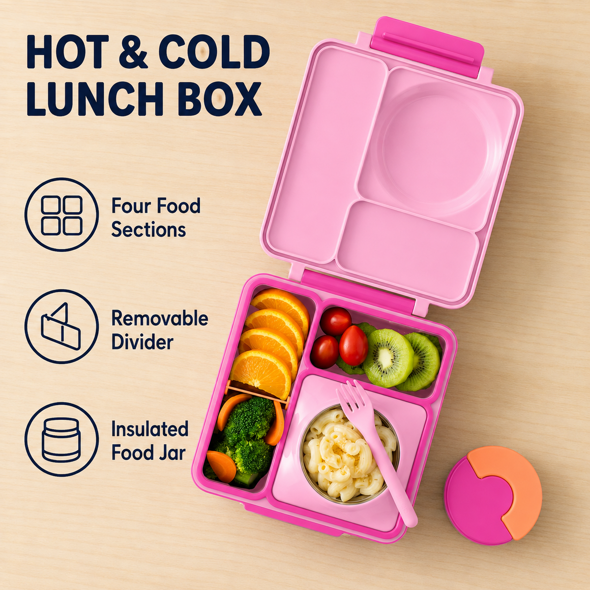 Kids Insulated Lunch Box with 8.5 oz Stainless Steel Food Jar, 4 Sections and Removable Divider, Pink